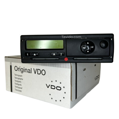 1381o Car stereo head unit placed on an Original VDO box, showing a small display and circular navigation keypad with numeric buttons on the front