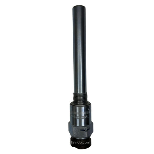 ind115 CNC end mill holder with a long cylindrical shank and a threaded collar near the base, used to secure cutting tools (Tavido.com).