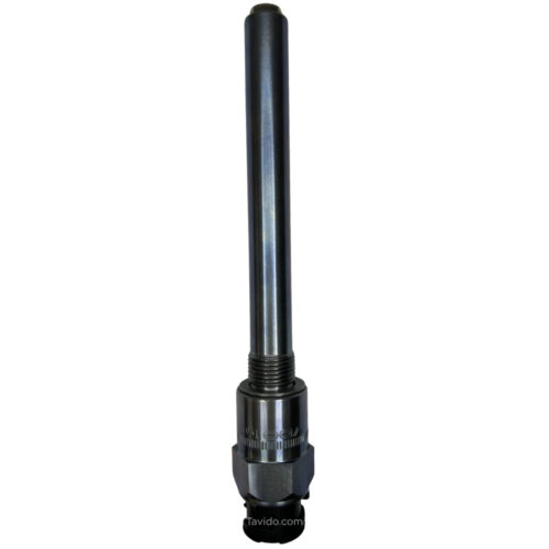 ind115m Metal drill chuck arbor: long cylindrical shaft with a threaded collar and a hexagonal nut at the base, used to hold drill bits in a machine tool.