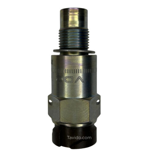 ind25 Close-up of a metal hydraulic fitting with threaded top, hex body, and black plastic base (Tavido.com).