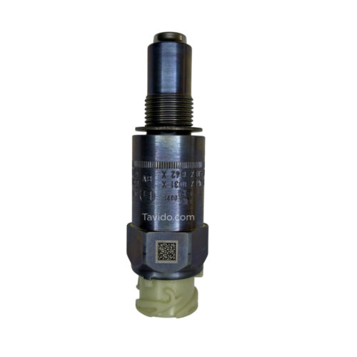 Diesel fuel injector with metal body and beige plastic tip against a white background, shown upright for inspection?