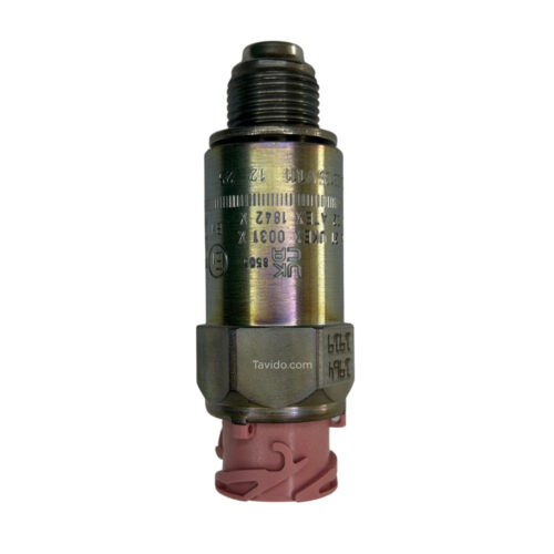 kitiv Industrial pressure relief valve with male threaded top and pink plastic connector at bottom.