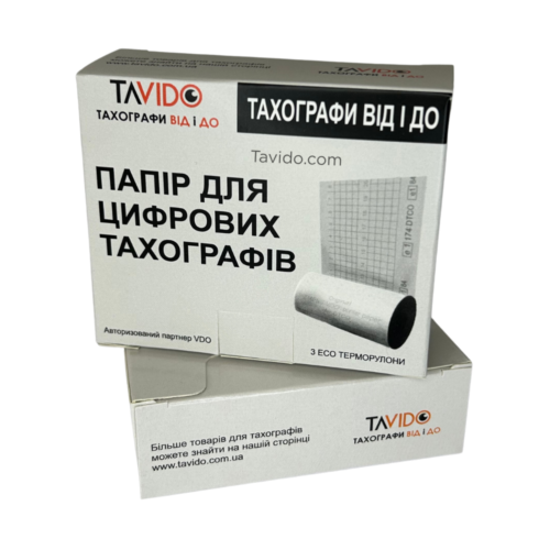 Box labeled 'ПАПІР ДЛЯ ЦИФРОВИХ ТАХОГРАФІВ' (tachograph paper) from Tavido with logo visible on packaging.