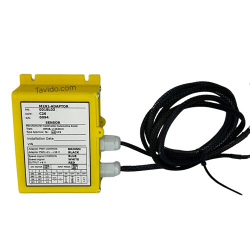 Yellow M1N1 adaptor module with label details and two white connector ports, attached to braided black cables.