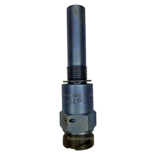 ind63 Metal tool component with a long cylindrical shank, threaded middle section, and a hexagonal collar (blue-gray finish). Used as a cutting-tool holder or adapter.