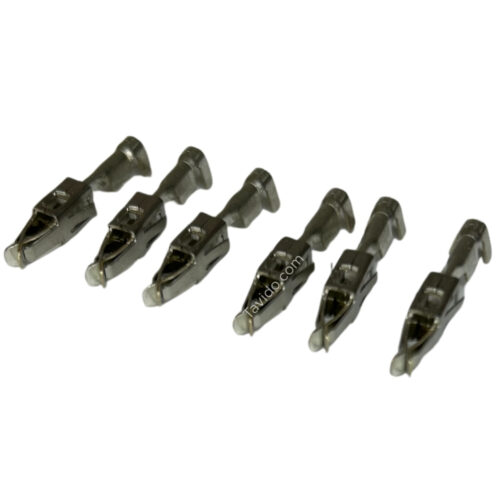927771-3 Seven black electrical crimp terminals with metal prongs arranged in a row, angled diagonally left to right, on a white background.