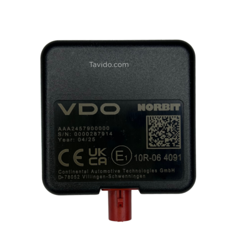 ant4 Black rectangular automotive module with a red bottom connector; label shows VDO and NORBIT, plus a QR code and serial text on the front.