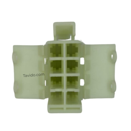 fia1 Light-green plastic 12-pin electrical connector housing with side latches and latch tab.