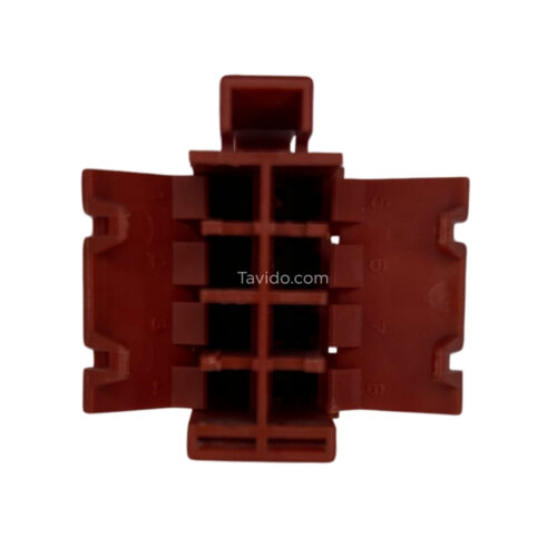 fic Red 12-pin electrical connector housing with multiple square cavities, viewed from the front (latch on top).