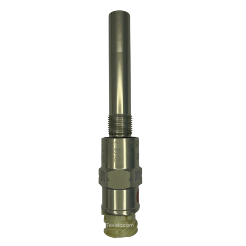 kit4888 Tall metal industrial component with threaded section and hex-like collar, standing upright on a beige base against a white background.
