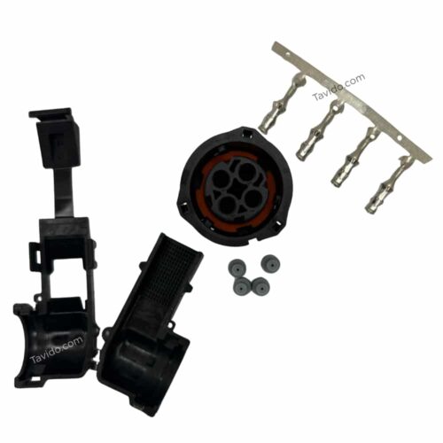 repcom Automotive multi-pin circular electrical connector with seals and contact pins, plus housing parts laid out.