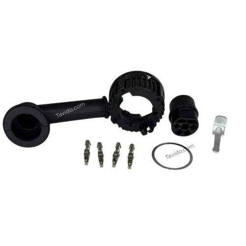 repkit Automotive steering wheel lock components laid out: main locking housing, circular ring, mounting collar, small pins, gasket, and a clip.