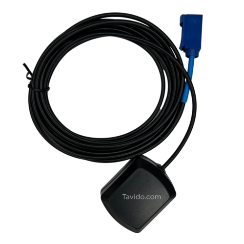 drsc Coiled black cable with a blue connector and a small Tavido.com sensor/adapter at the end.