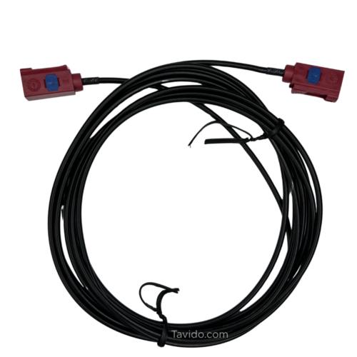 wiredrsc Coiled black power cable with red connector housings at both ends, blue release tabs, and a stripped wire dangling in the middle.