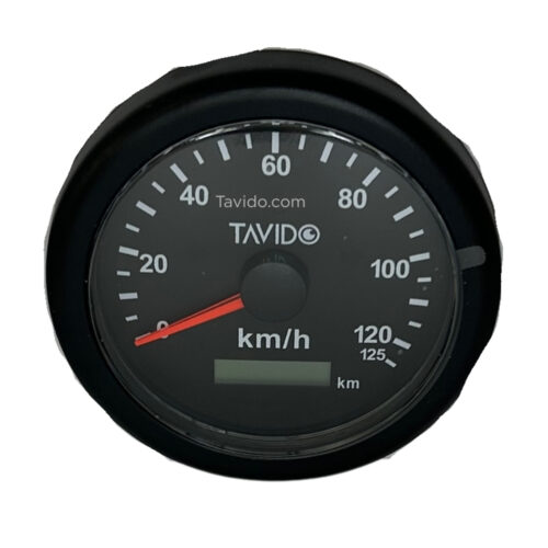 Circular car speedometer gauge with red needle at 0 km/h and 'km/h' label, brand 'TAVIDO' visible
