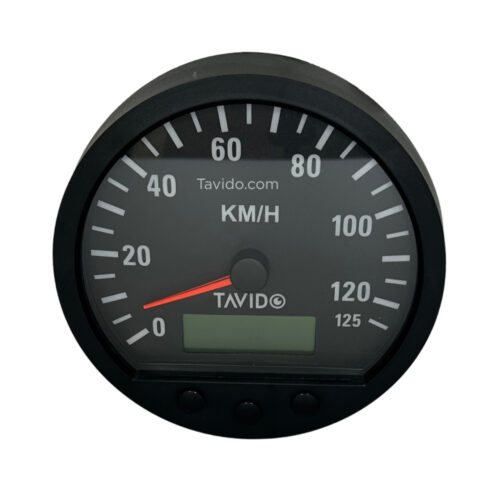 Round car speedometer gauge showing 0–125 KM/H with red needle near 0 and Tavido branding above the LCD display