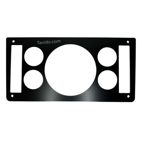 Black metal gauge mounting plate featuring one large central circular cutout, four smaller circular openings (two on each side), and two vertical rectangular slots at the ends. Watermark 'Tavido.com' visible.