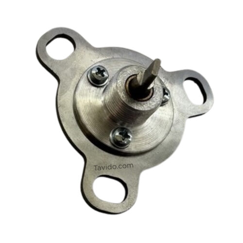 Three-arm flange mounting plate with a central threaded shaft protruding from a metallic hub.