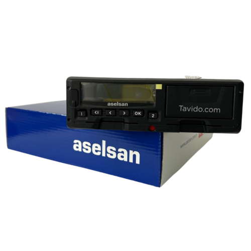 асел Portable black card reader resting on a blue Aselsan box, showing a small display and keypad labeled Tavido.com on the right side