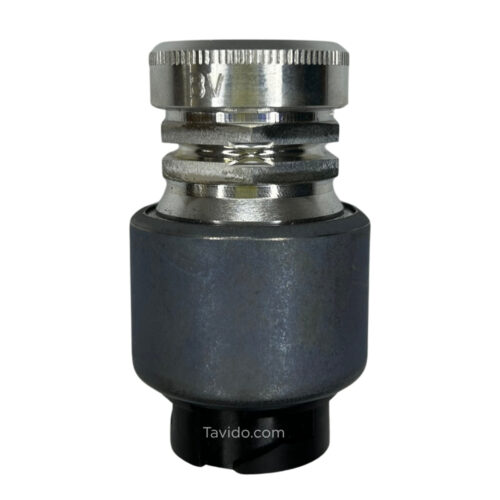 indb Chrome-plated faucet aerator atop a dark gray adapter, used to regulate water flow in a faucet (water-flow accessory)