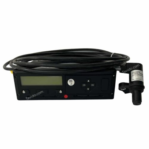 Electronic control unit with LCD screen and arrow keypad, connected to a long coiled cable and a probe on the right.