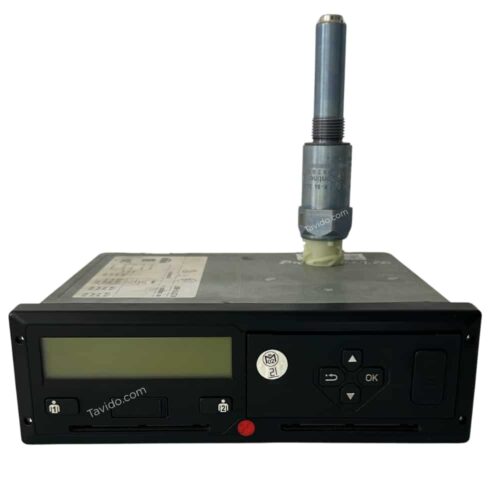 Industrial control unit with LCD display and keypad, mounted with a vertical cylindrical sensor on top.