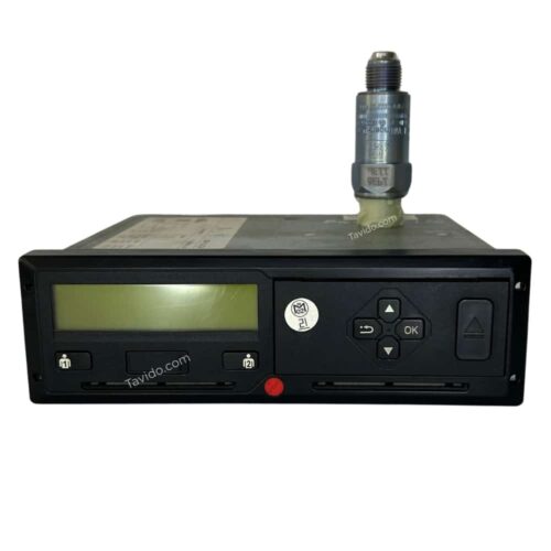 Industrial control unit with a small LCD display, keypad, and a metal connector on top.