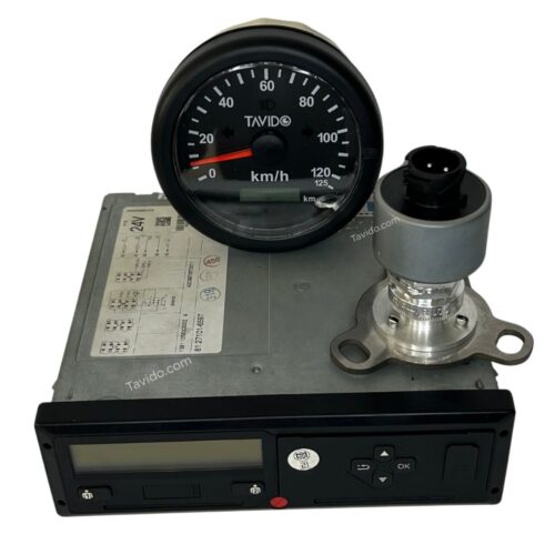 Car dashboard instrument cluster featuring a round speedometer (0–125 km/h) mounted on a metal module with a control/display unit below.