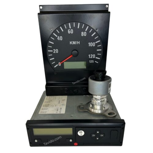 Instrument cluster with a large circular speedometer (KM/H) up to 125, red needle at 0, and a small digital display, mounted on a panel with a sensor unit nearby.