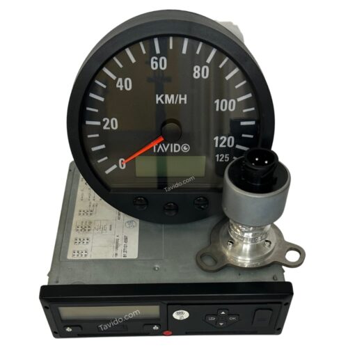 Vehicle speedometer gauge showing 0 km/h with a red needle, mounted on an electronic control unit.