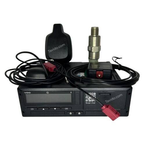 Car diagnostic scanner with a display, bundled cables, red connectors, and a pressure/gauge attachment on a black unit.