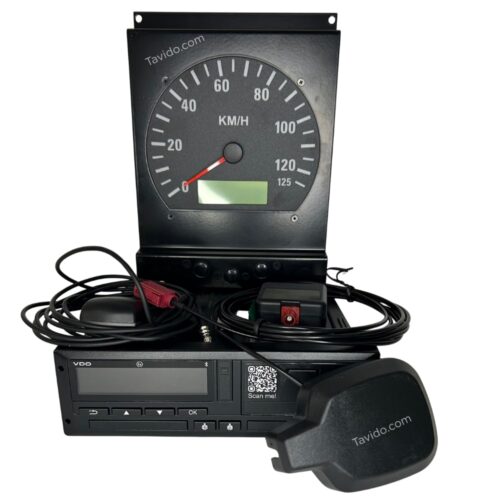 Automotive speedometer gauge mounted on a frame with a digital display, control unit, and tangled cables (vehicle diagnostic/test kit).