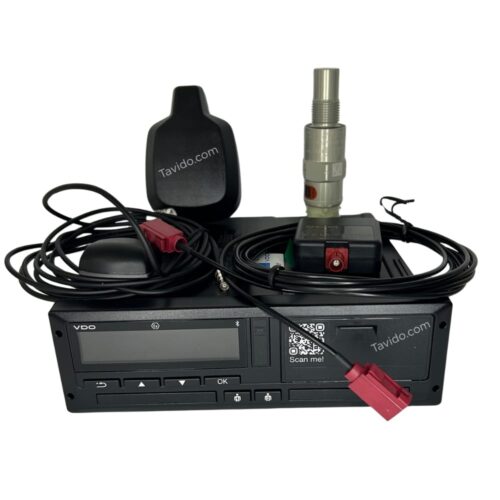 Black vehicle diagnostic unit with a front-panel display and keypad, tangled cables, and red connectors on top. A metal sensor attaches to the unit.