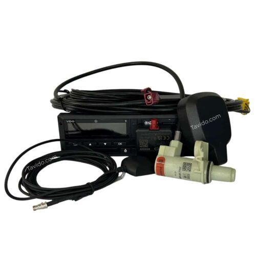 OBD diagnostic scanner with display, multiple cables, and a fuel sensor adapter attached