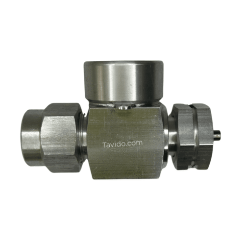 prohdat Metal compression fitting with hex nuts on both ends and a central hexagonal body, used to join pipes. (Tavido.com is etched on the center)