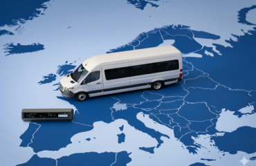White passenger van on a blue map of Europe, with a gray keypad-like device to its left.