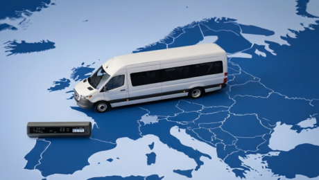 zminy-dlya-vodiiv-busiv White passenger van on a blue map of Europe, with a gray keypad-like device to its left.