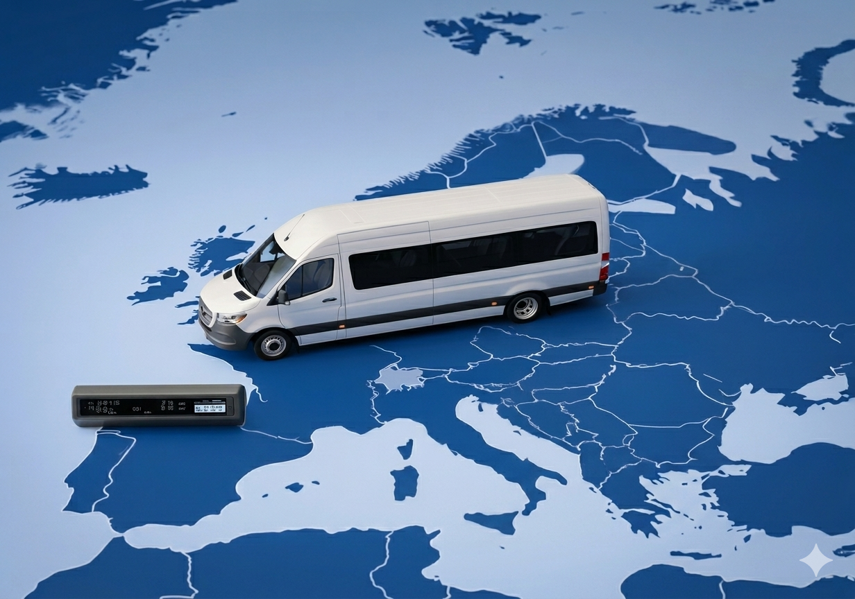 zminy-dlya-vodiiv-busiv White passenger van on a blue map of Europe, with a gray keypad-like device to its left.