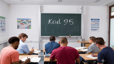 kod95 Back view of students seated at desks in a classroom, writing in notebooks, with a chalkboard displaying 'kod 95' at the front.