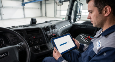 Truck mechanic in the driver’s cabin uses a tablet with a loading bar for diagnostics or software update.