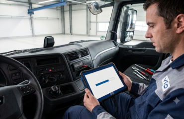 update_tacho Truck mechanic in the driver’s cabin uses a tablet with a loading bar for diagnostics or software update.