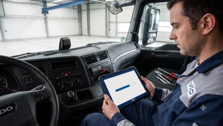 update_tacho Truck mechanic in the driver’s cabin uses a tablet with a loading bar for diagnostics or software update.