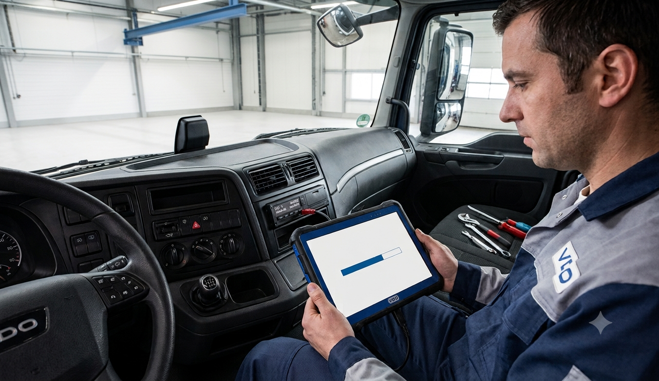 update_tacho Truck mechanic in the driver’s cabin uses a tablet with a loading bar for diagnostics or software update.