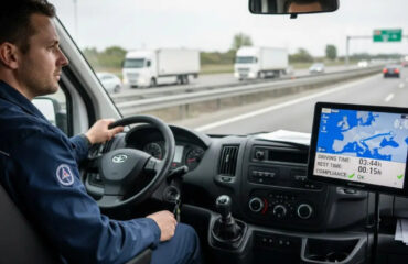 Rozbir osnovnykh elementiv komplektatsiyi smart-takhohrafa Truck driver in a cab steering with a GPS/navigation screen showing a map on the dashboard while on a highway interstate.