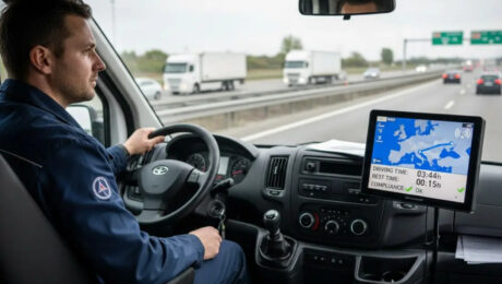 Rozbir osnovnykh elementiv komplektatsiyi smart-takhohrafa Truck driver in a cab steering with a GPS/navigation screen showing a map on the dashboard while on a highway interstate.