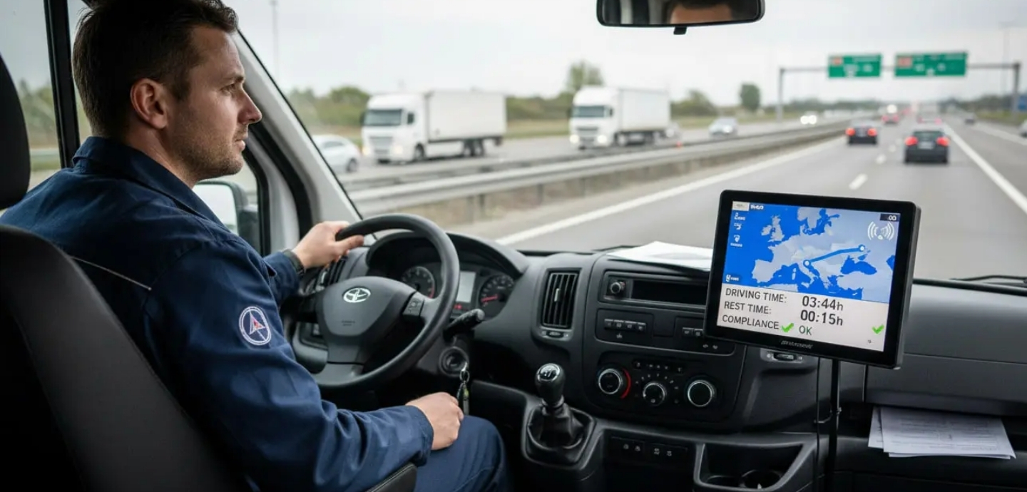 Rozbir osnovnykh elementiv komplektatsiyi smart-takhohrafa Truck driver in a cab steering with a GPS/navigation screen showing a map on the dashboard while on a highway interstate.